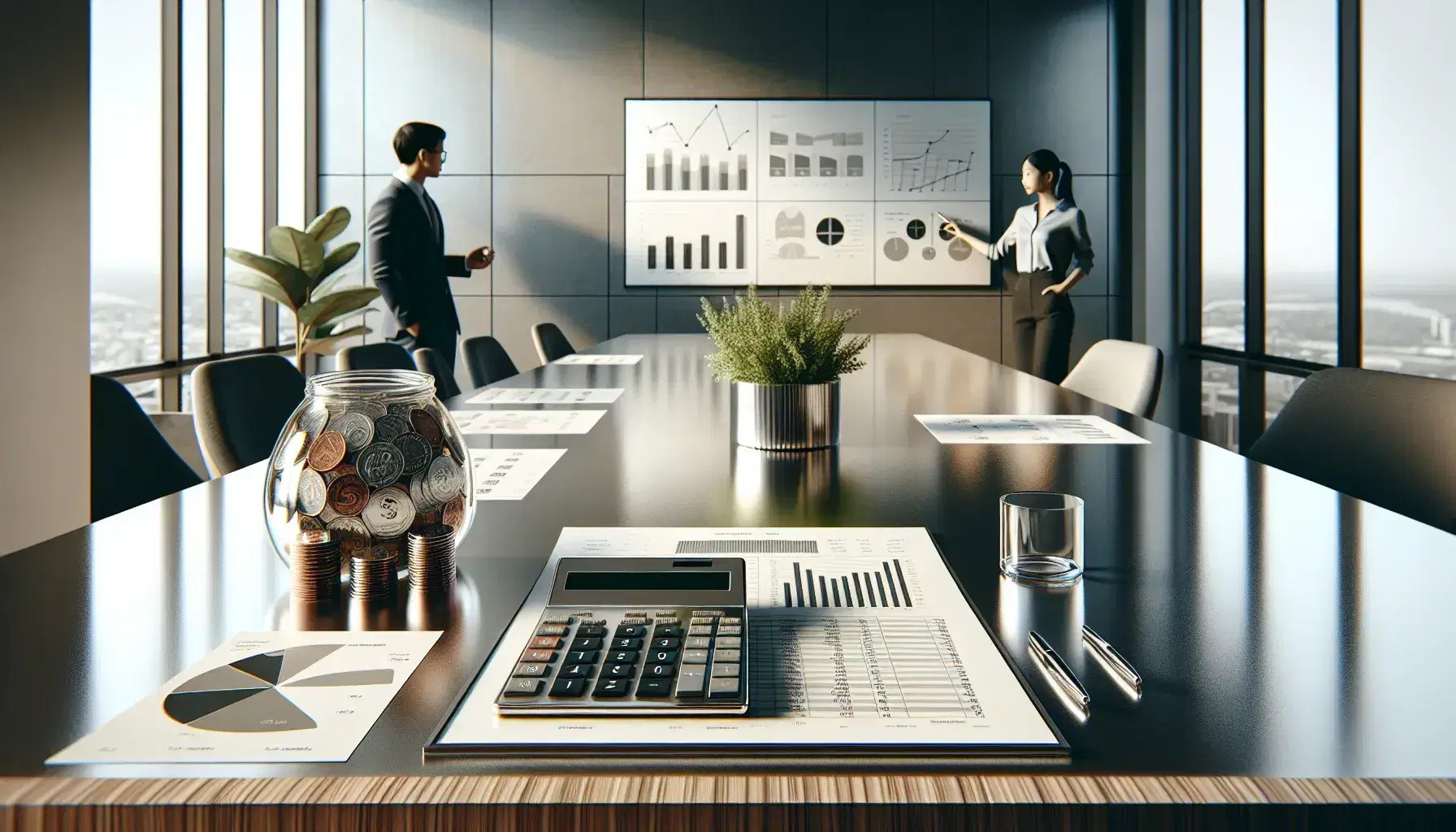 Modern office setting with a wooden table featuring financial tools, a calculator, printed charts, a coin jar, and a potted plant, with two professionals discussing near a whiteboard.