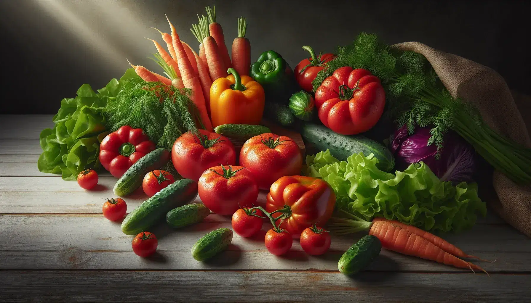 Variedad de vegetales frescos y coloridos sobre superficie de madera clara, incluyendo tomates rojos, zanahorias naranjas, pimiento verde, lechuga y pepino.