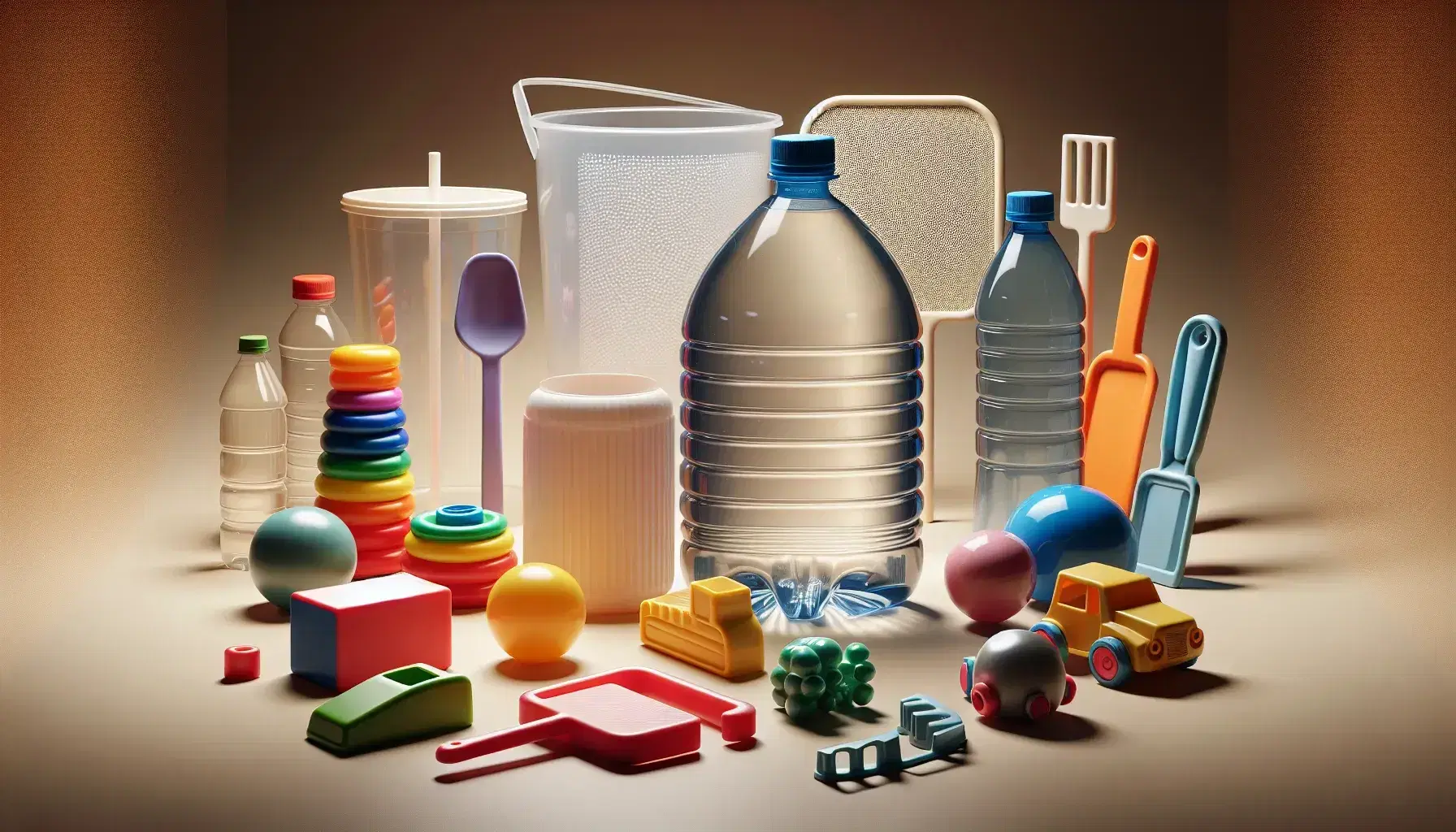 Colección variada de objetos de plástico con juguetes, utensilios de cocina y envases en tonos vivos sobre superficie neutra.