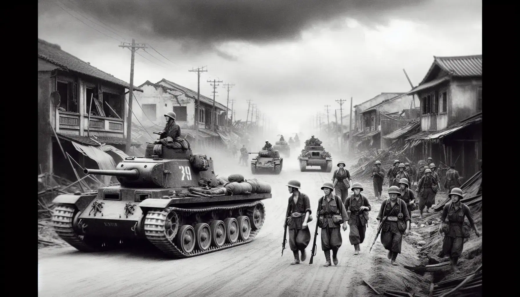 Soldati giapponesi avanzano in una strada sterrata tra edifici danneggiati con un carro armato durante la Seconda Guerra Sino-Giapponese.