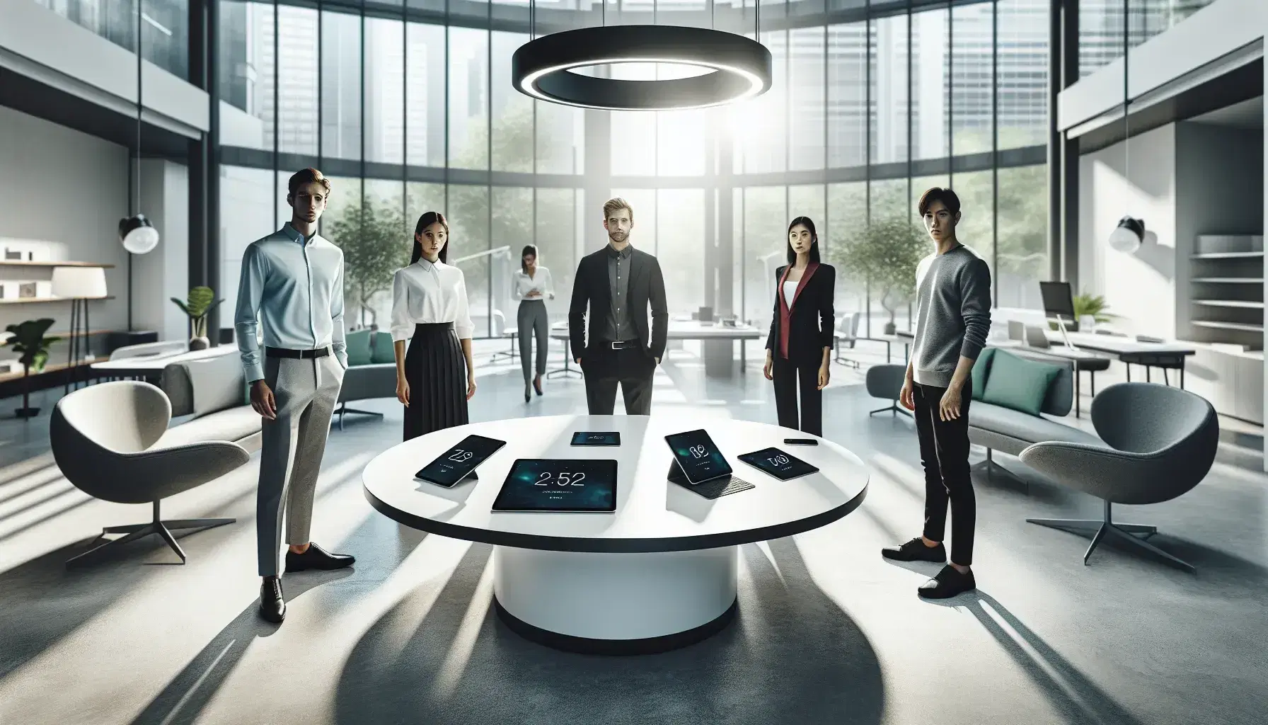 Grupo de cinco profesionales en oficina moderna con mesa ovalada y dispositivos electrónicos, vestidos en atuendo de negocios casual, con iluminación natural y planta decorativa.