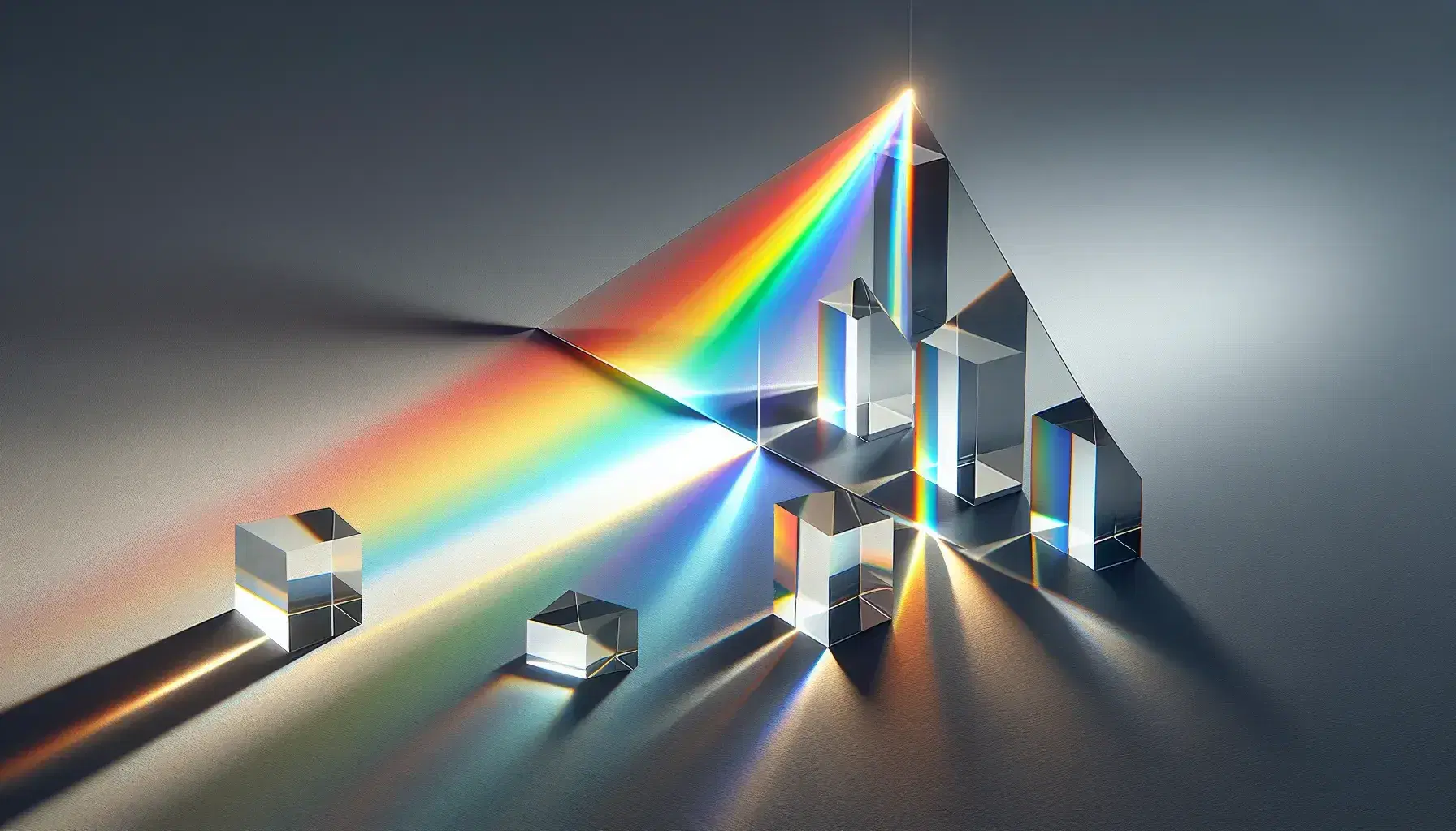 Prisms on a surface refracting white light into a colorful spectrum of red to violet bands, demonstrating light dispersion.