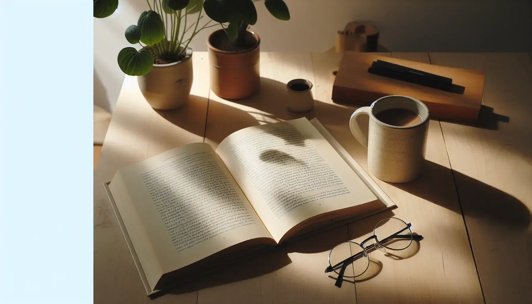 Mesa de madera clara con libro abierto, lentes negros, taza blanca con bebida oscura y planta pequeña en maceta terracota bajo luz natural.