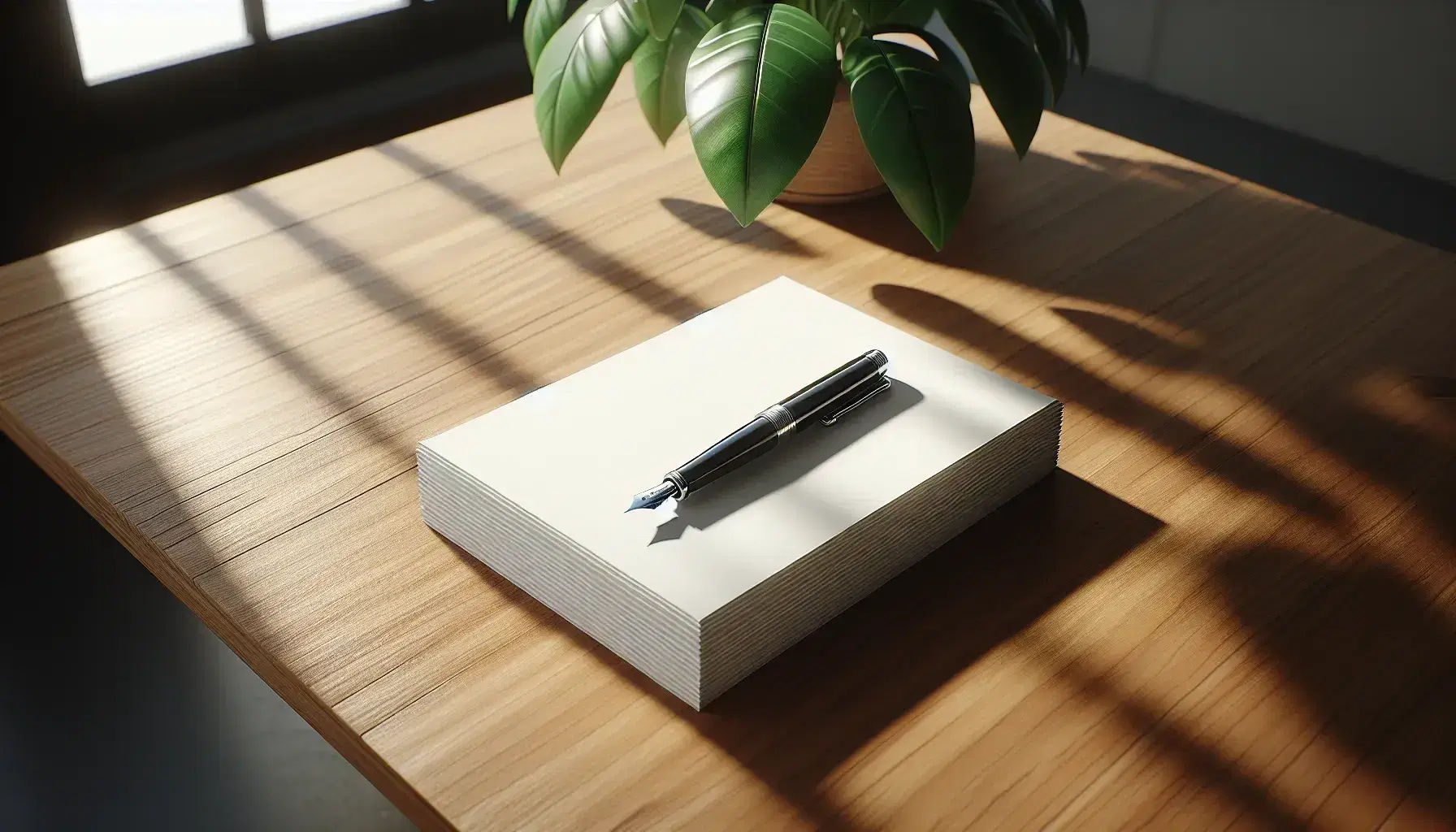 Mesa de madera clara con pila de hojas blancas y pluma fuente negra con detalles plateados, planta verde desenfocada al fondo.