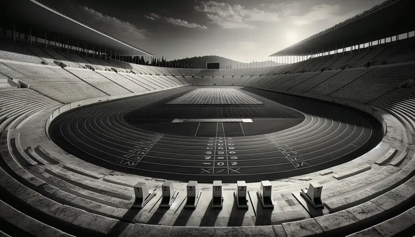Stadio Panathinaiko di Atene in bianco e nero, tribune curve in marmo e pista d'atletica vuota, con blocchi di partenza e colline sullo sfondo.