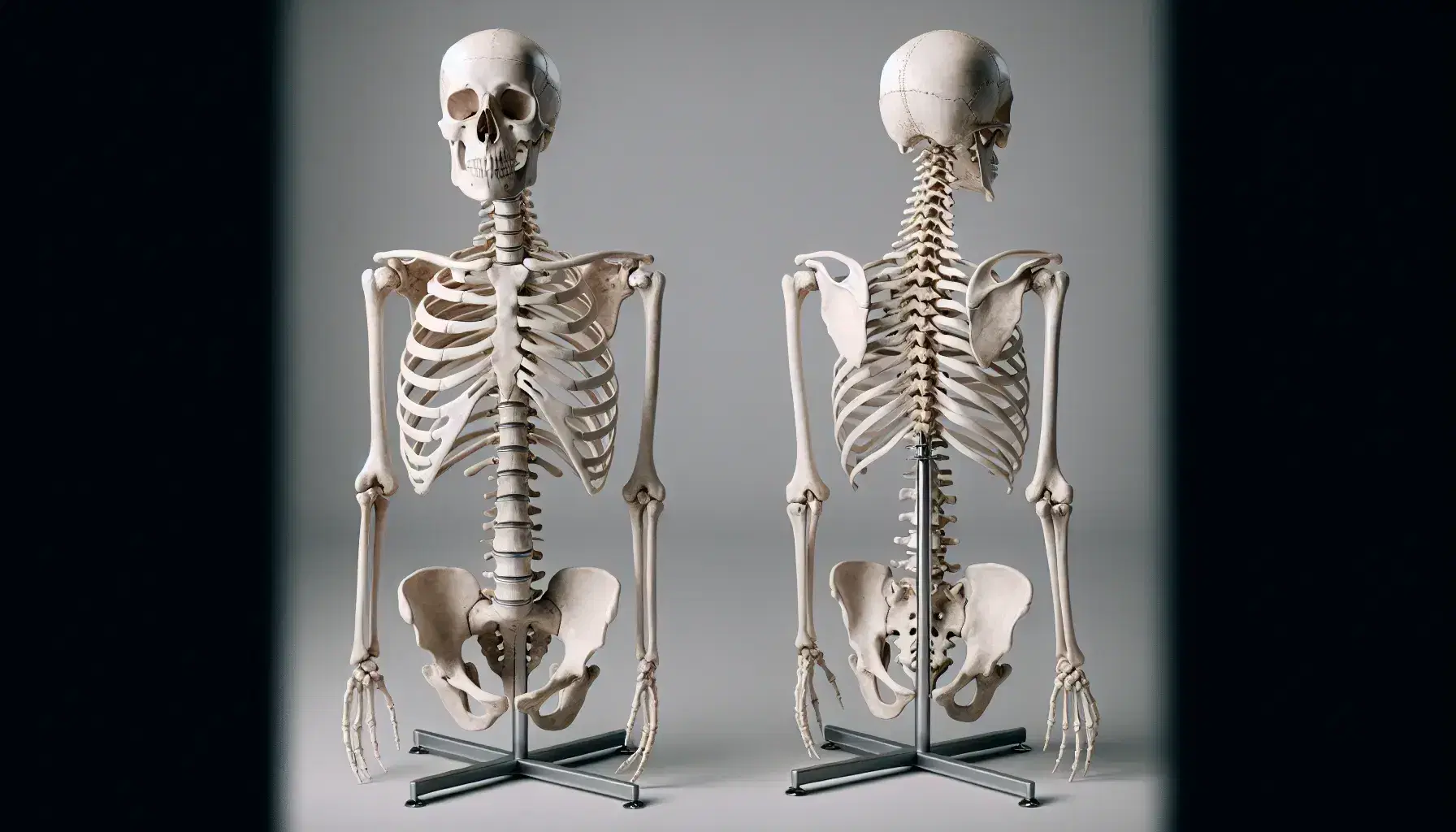 Esqueleto humano completo montado en soporte metálico, mostrando cráneo, columna vertebral, costillas y esternón sobre fondo gris neutro.