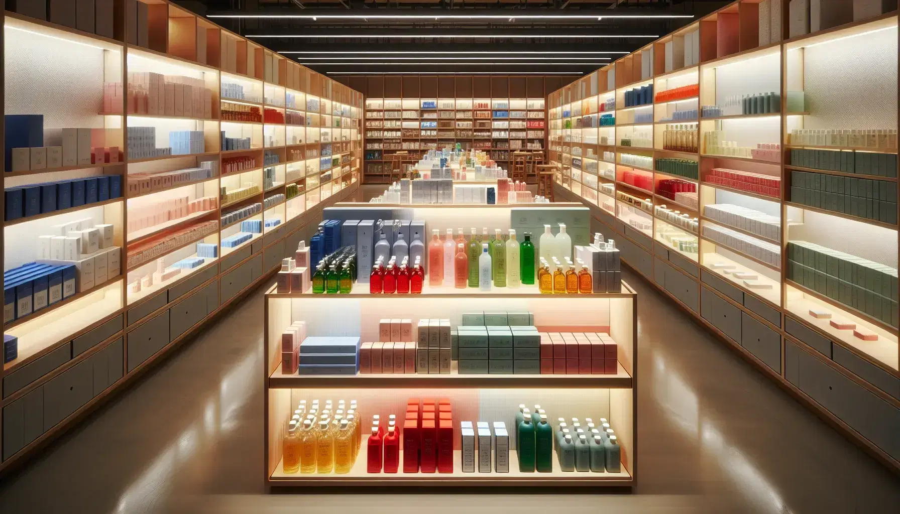 Estantes de madera clara con botellas de vidrio con líquidos de colores y cajas rectangulares organizadas en una tienda iluminada.