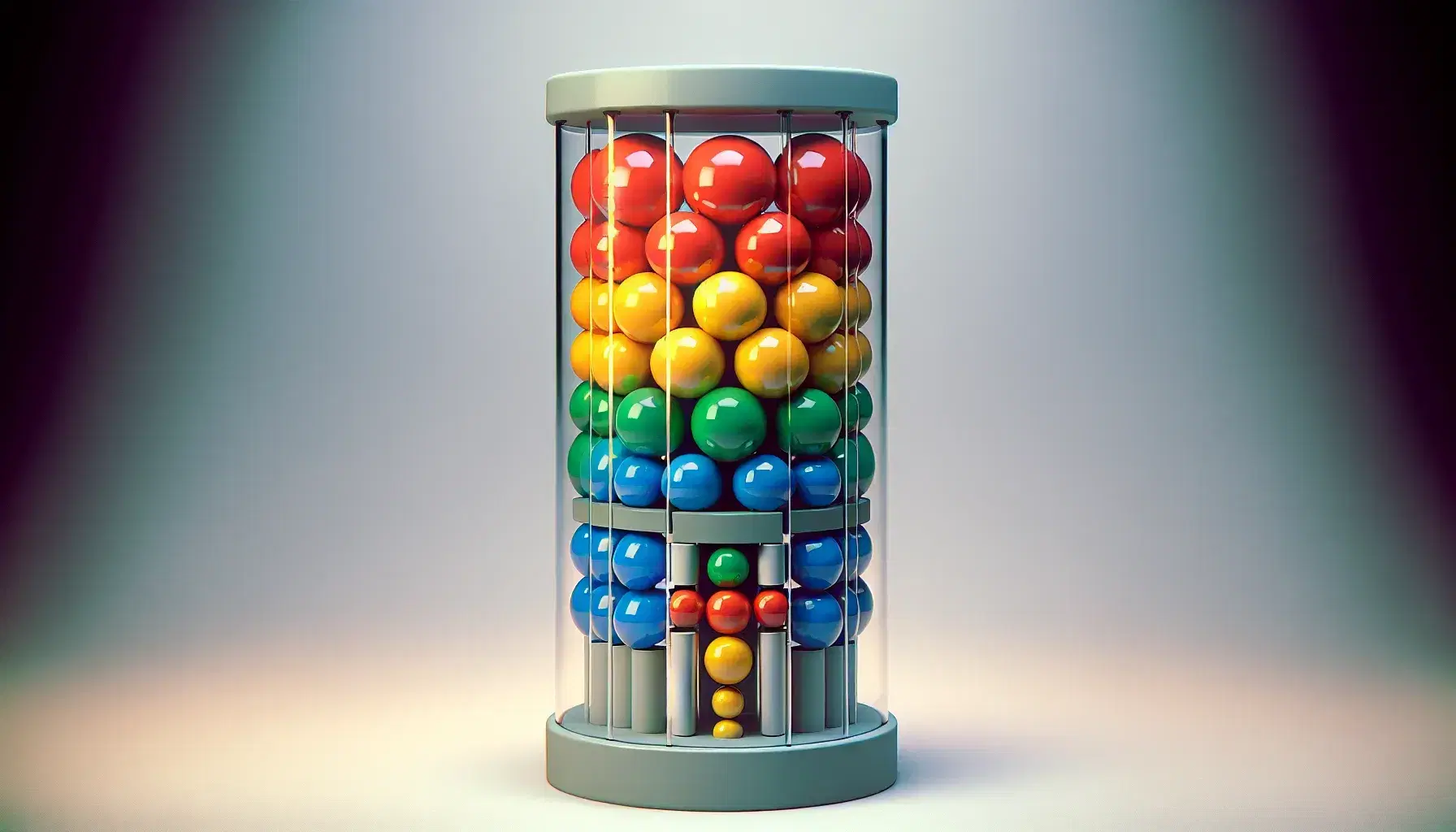 Colorful balls in gradation of size inside a vertical transparent tube with locking mechanism on the bottom.