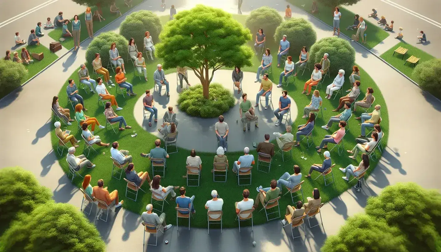 Gruppo eterogeneo seduto in cerchio all'aperto intorno ad albero, in ascolto attivo e dialogo, in un giorno sereno.