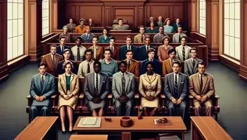 Attentive multi-ethnic jury in courtroom with wooden furniture and lawyer standing in front of them, representing diversity and justice.
