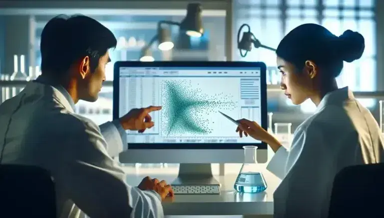 Two scientists, a South Asian man and a Caucasian woman, analyze scatterplots on a monitor in the laboratory.