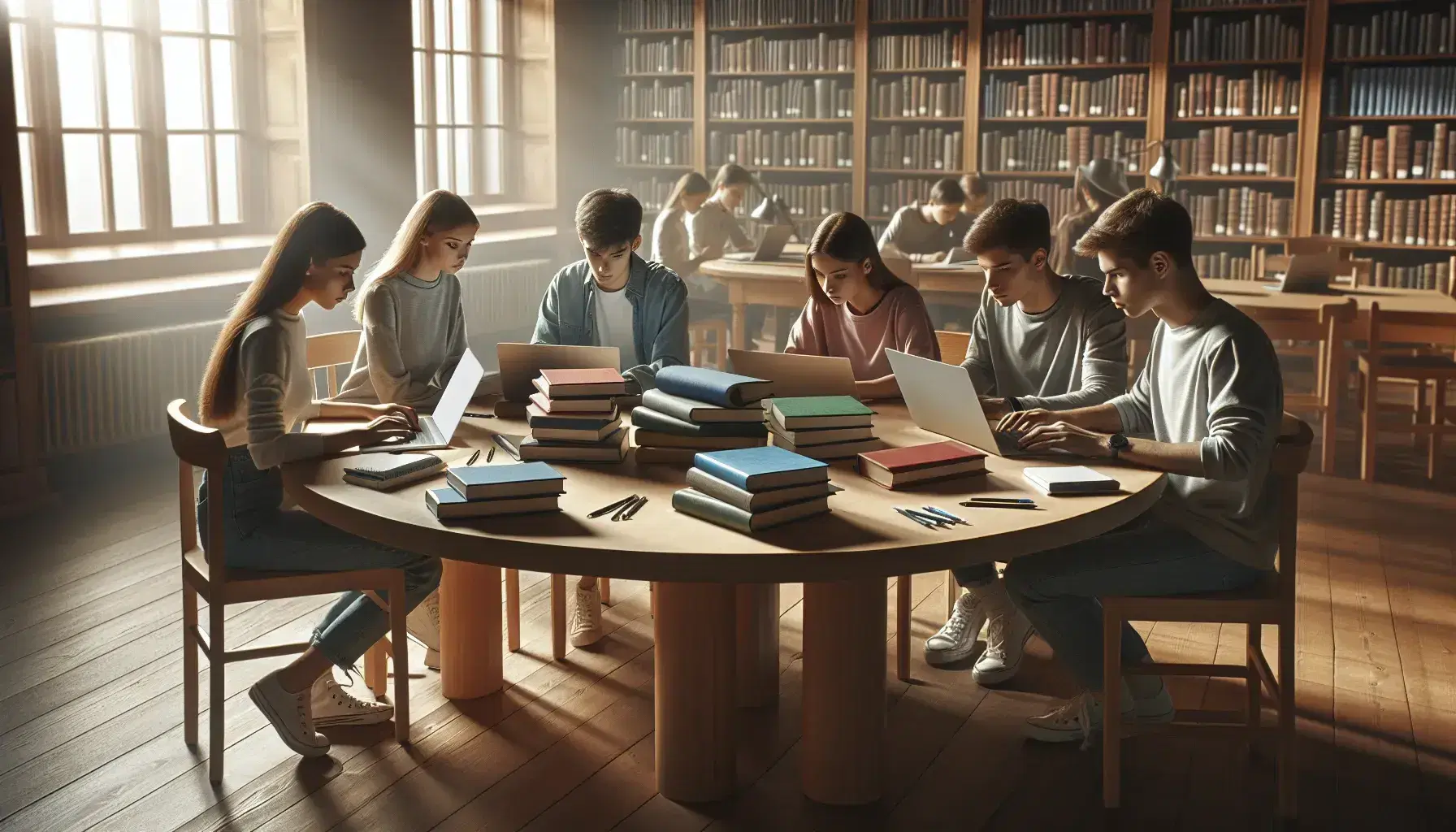 Cinco estudiantes universitarios estudian en una biblioteca, rodeados de libros y usando laptops, bajo la luz natural de una ventana.