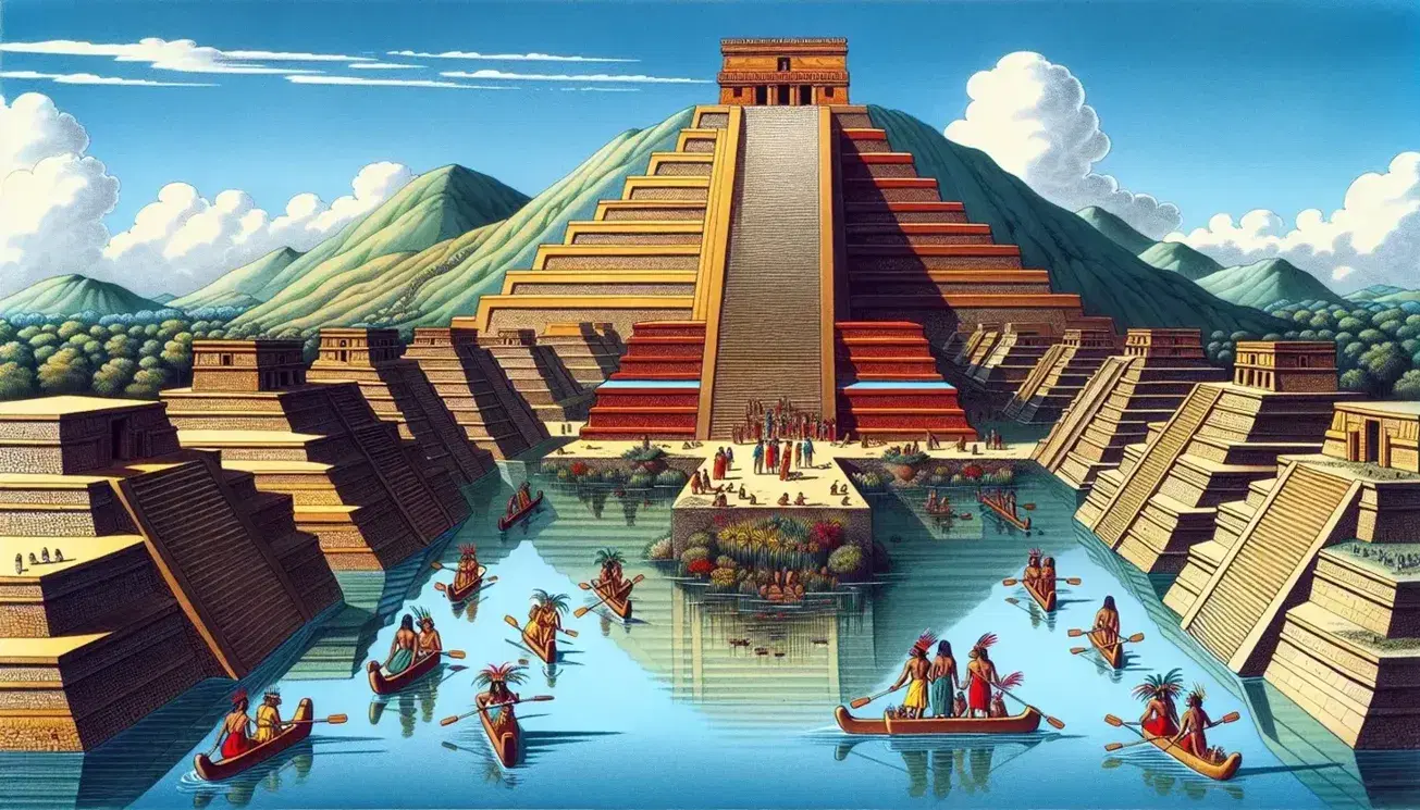 Recreación artística de Tenochtitlán con pirámide central, canales con canoas, ciudadanos con atuendos coloridos y montañas al fondo.