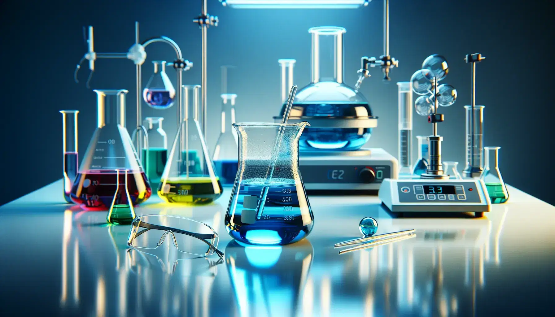 Laboratory with glass beakers containing blue liquid, bottles with colored liquids, glass rod, heating plates and safety glasses.