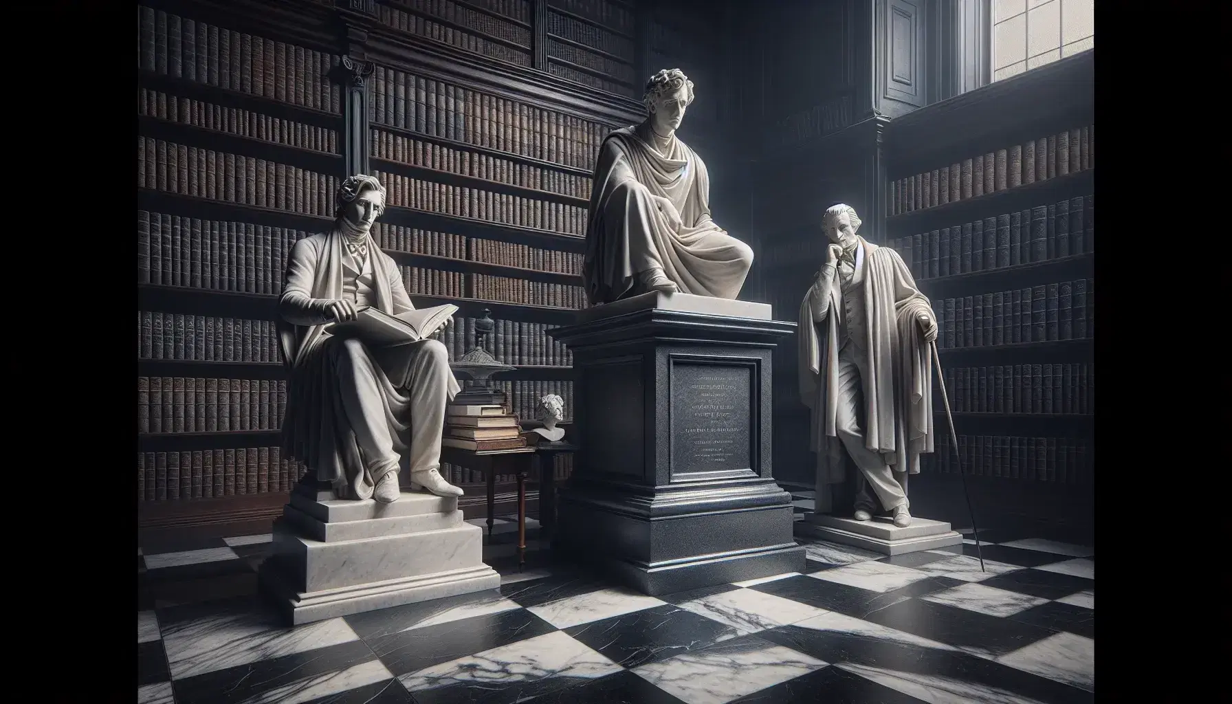 Interno di biblioteca accademica con statue marmoree di pensatori ottocenteschi su piedistalli, circondate da libri antichi e luce soffusa.