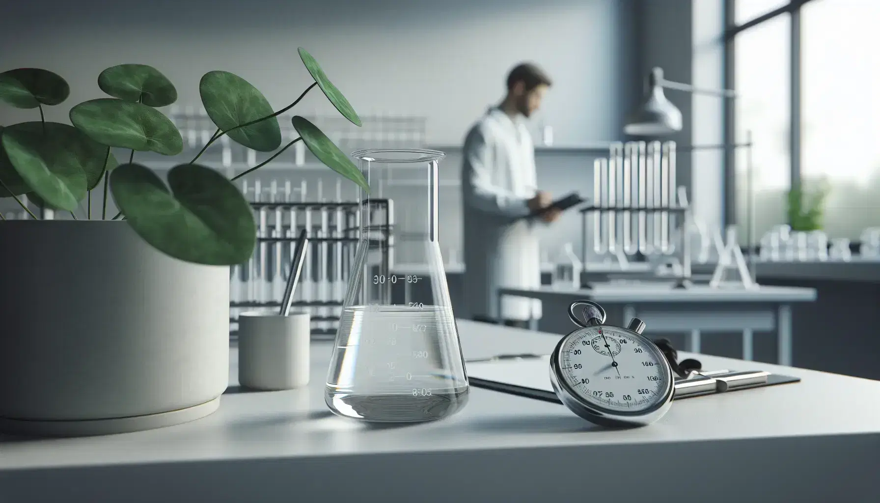 Laboratory with glass beaker containing transparent liquid, stopwatch, person in white coat with clipboard and green plant.