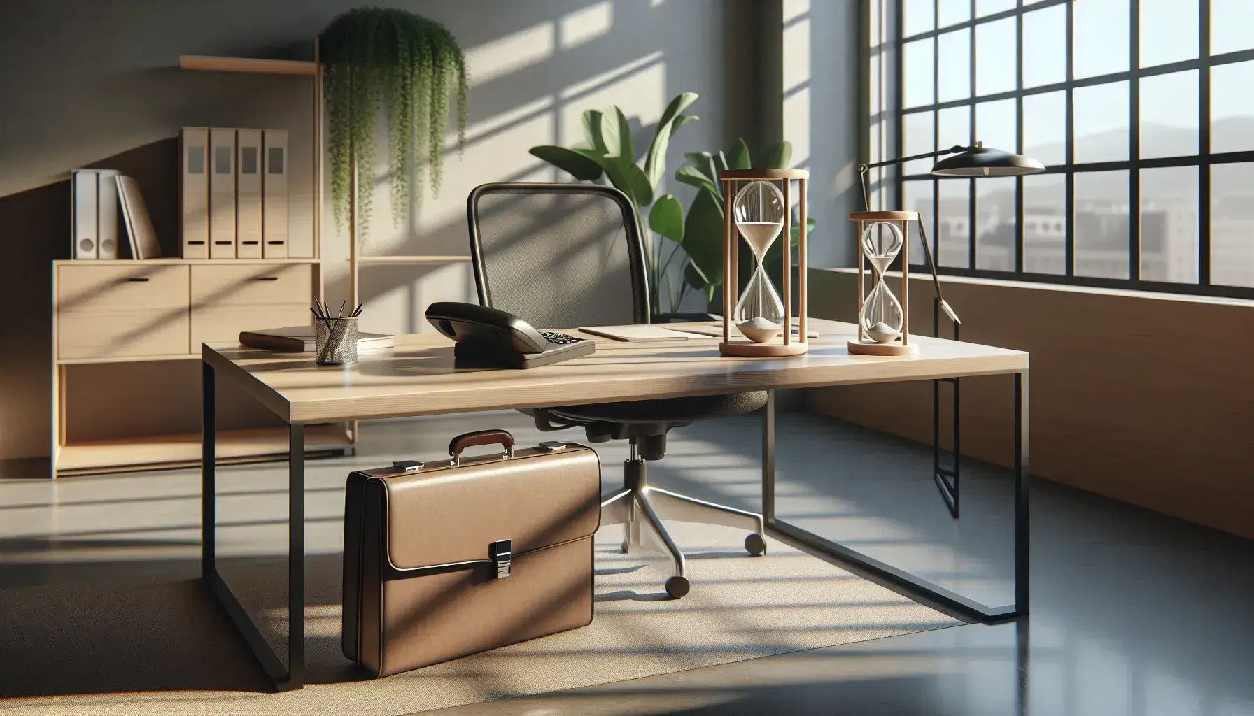 Oficina moderna iluminada con mesa de trabajo de madera, maletín de cuero, teléfono negro, reloj de arena y silla ergonómica, junto a planta interior y papelera.