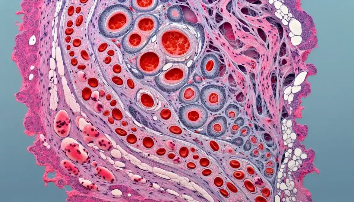 Vista microscópica de tejido humano con respuesta inflamatoria, corte transversal de vaso sanguíneo rodeado de células inmunitarias y tejido conectivo con edema.