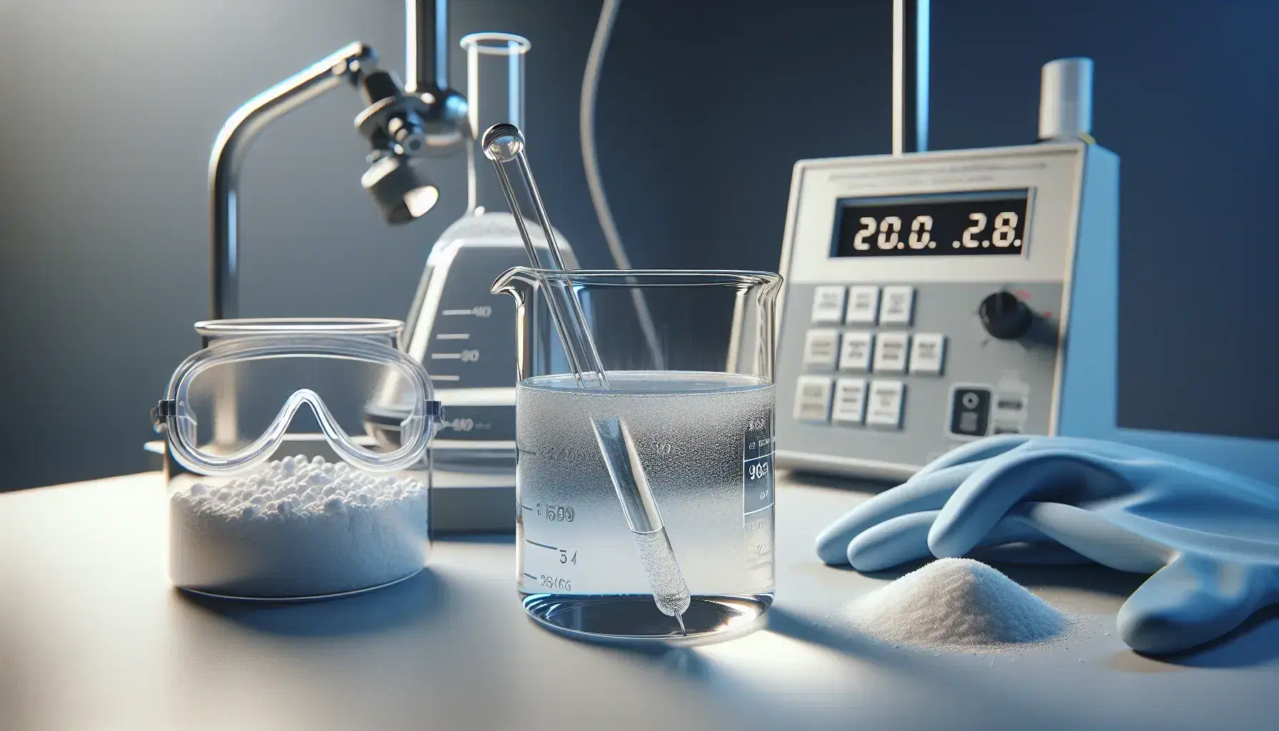 Laboratory with glass beaker and clear liquid, stirring rod, white powder, safety glasses, blue latex gloves and pH meter.