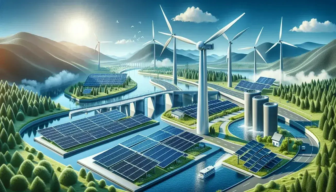 Paneles solares y turbina eólica en un paisaje natural con río y presa hidroeléctrica, bajo un cielo azul con montañas al fondo.