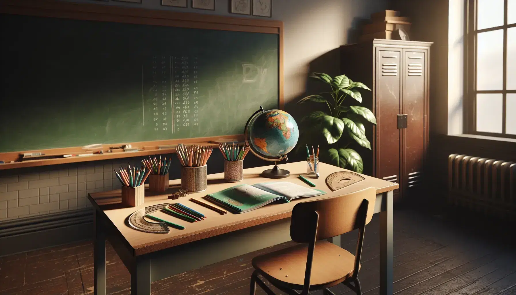 Aula scolastica con banco in legno, matite colorate, libro aperto, mappamondo e lavagna verde vuota, illuminata da luce naturale.