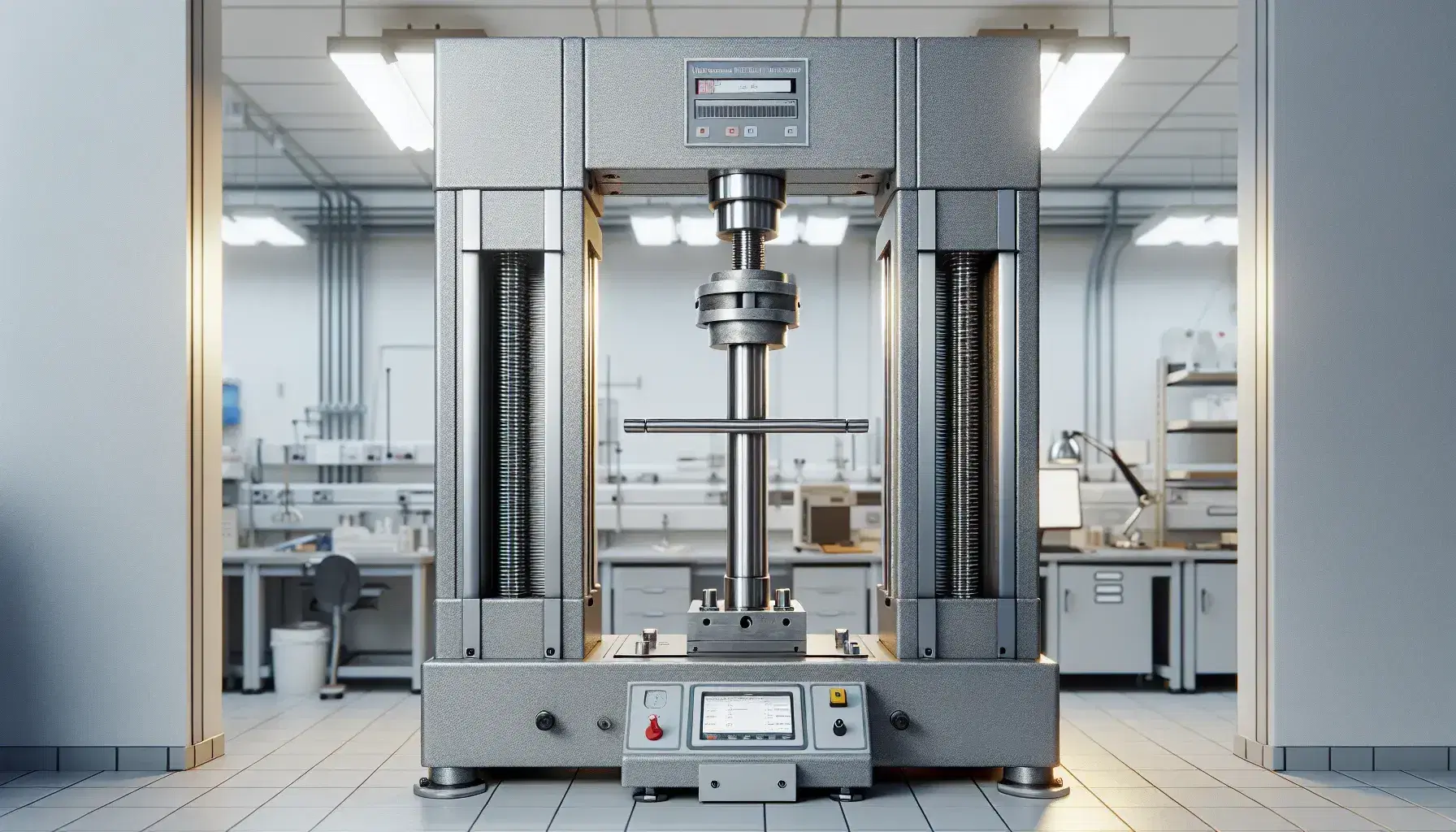 Máquina de ensayo de tracción universal en laboratorio de materiales sujetando una probeta metálica cilíndrica, con fondo de pared clara y mesa de laboratorio.