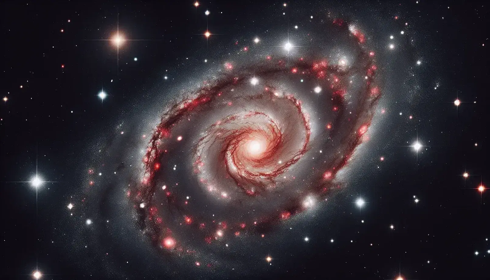 Bright red spiral galaxy exhibiting redshift in a star-filled night sky, showcasing the vastness and depth of the cosmos.