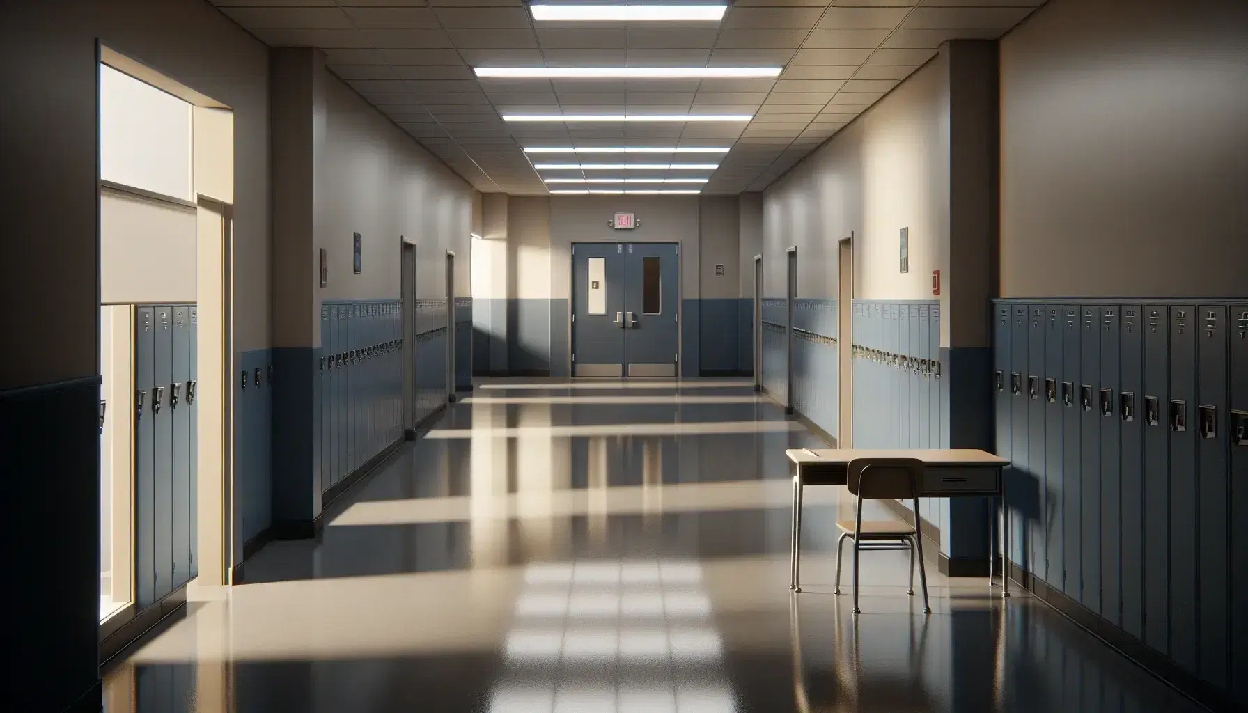 Empty school corridor with beige walls, shiny gray floor, closed blue lockers and unmarked classroom doors, wooden desk and chair.