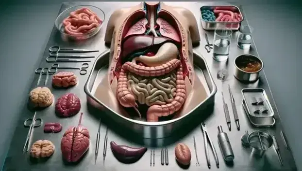 Dissection laboratory with steel table and plastic model of the human digestive system, surgical instruments and transparent beaker.