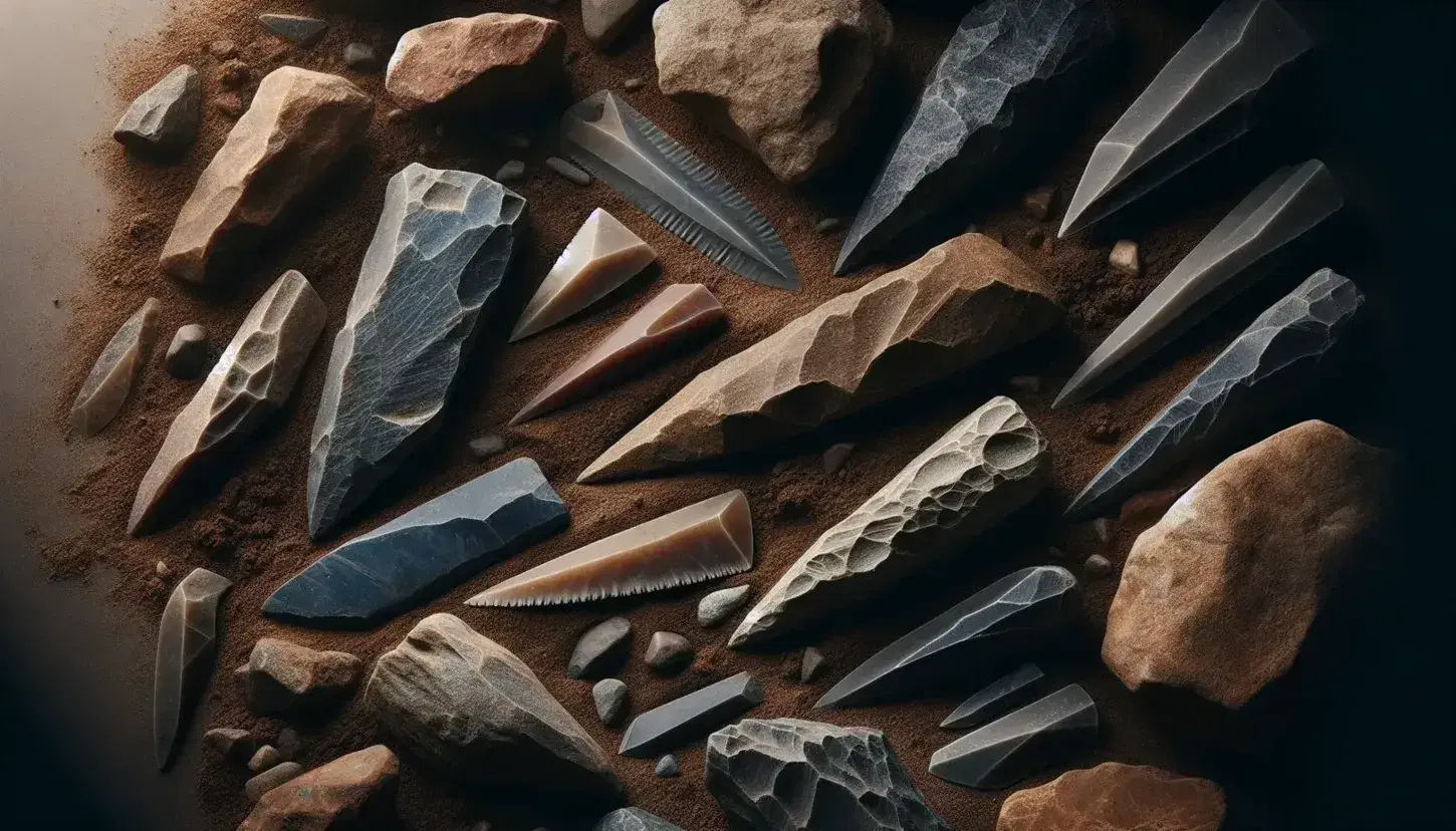 Conjunto de herramientas de piedra prehistóricas sobre suelo marrón oscuro, incluyendo puntas de lanza y raspadores con bordes afilados y superficies trabajadas.