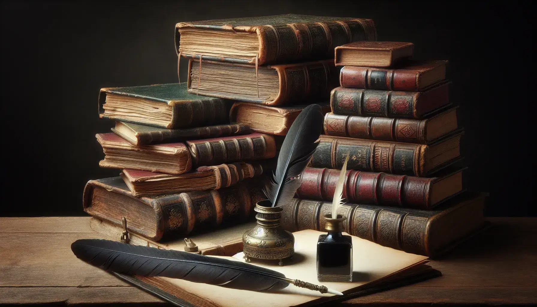 Antique leather-bound books stacked on a wooden table beside a quill and brass inkwell, with an unlit brass candlestick holder in the background.