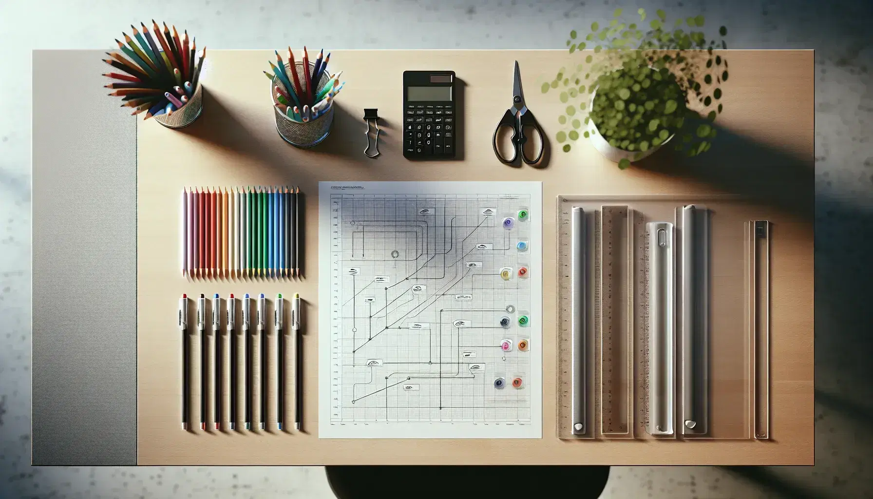Escritorio de trabajo organizado con gráfico de Gantt, lápices de colores, calculadora, tijeras y regla, sobre fondo de madera y planta decorativa.