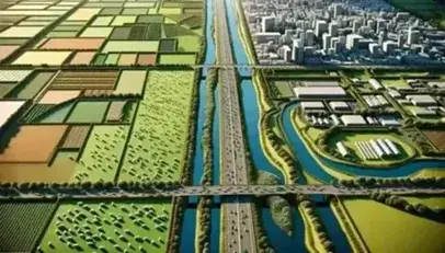 Vista aérea de la transición entre campos verdes con rebaños y cultivos y una zona urbana con edificios y calles, divididos por una autopista.