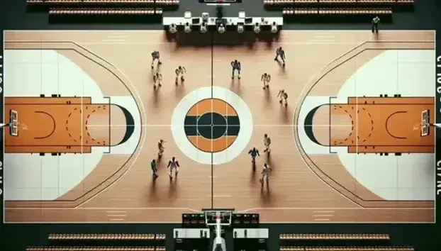 Vista aérea de una cancha de baloncesto profesional con jugadores en acción, aros con tableros transparentes y líneas de juego marcadas, sin público presente.