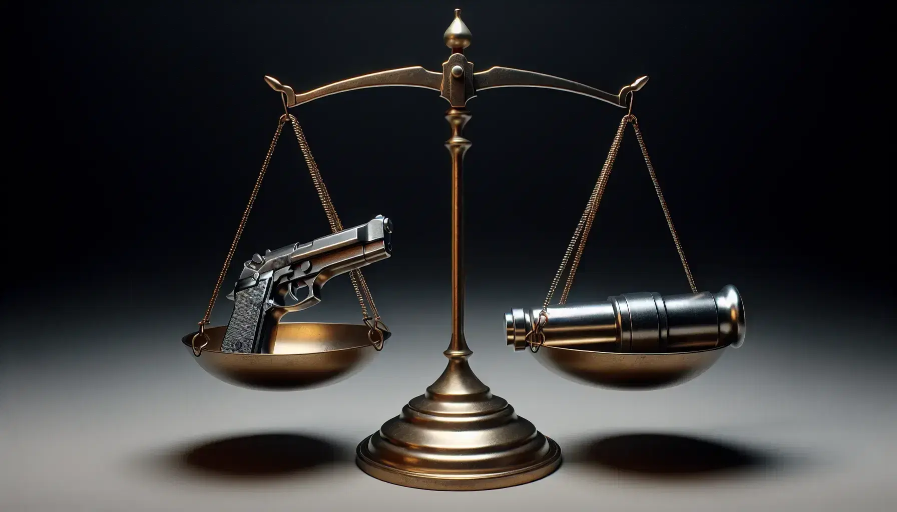 Balanced justice scale with a silver featherweight on the left pan and a matte black handgun replica on the right against a light gray backdrop.