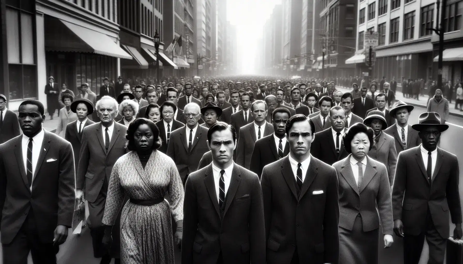 Civil rights march with man in the foreground and Asian woman, followed by multi-ethnic crowd in sober clothing on urban street.