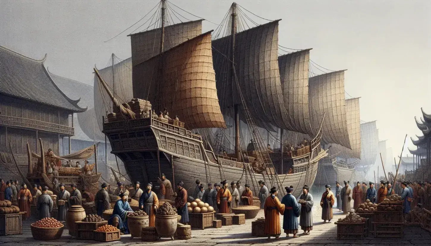 Bustling Ming Dynasty port with merchants in traditional attire trading goods, a wooden ship at dock, and dockworkers moving cargo.