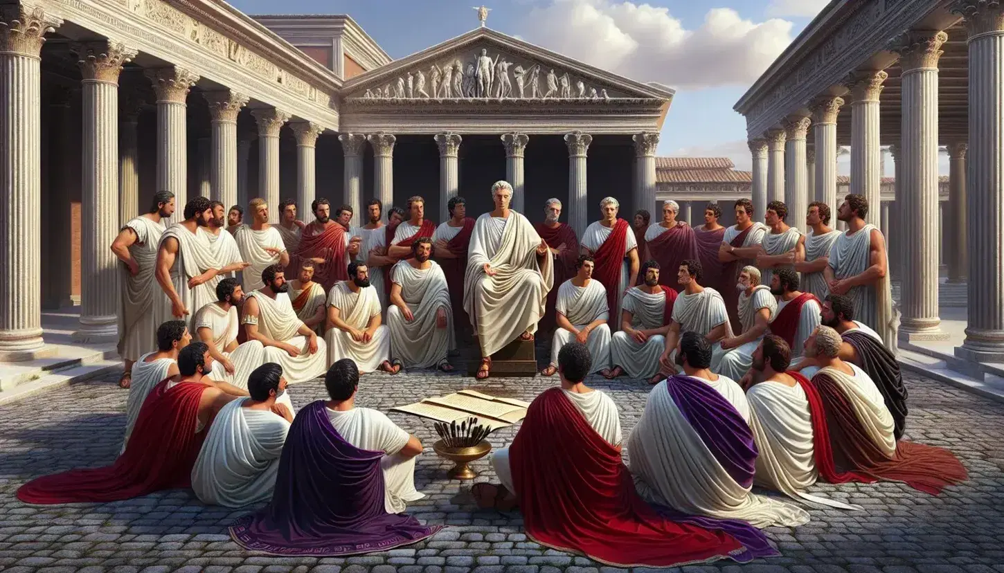 Gruppo di uomini in toga discute animatamente in antica Roma, con colonne marmoree e oggetti su tavolo in primo piano.