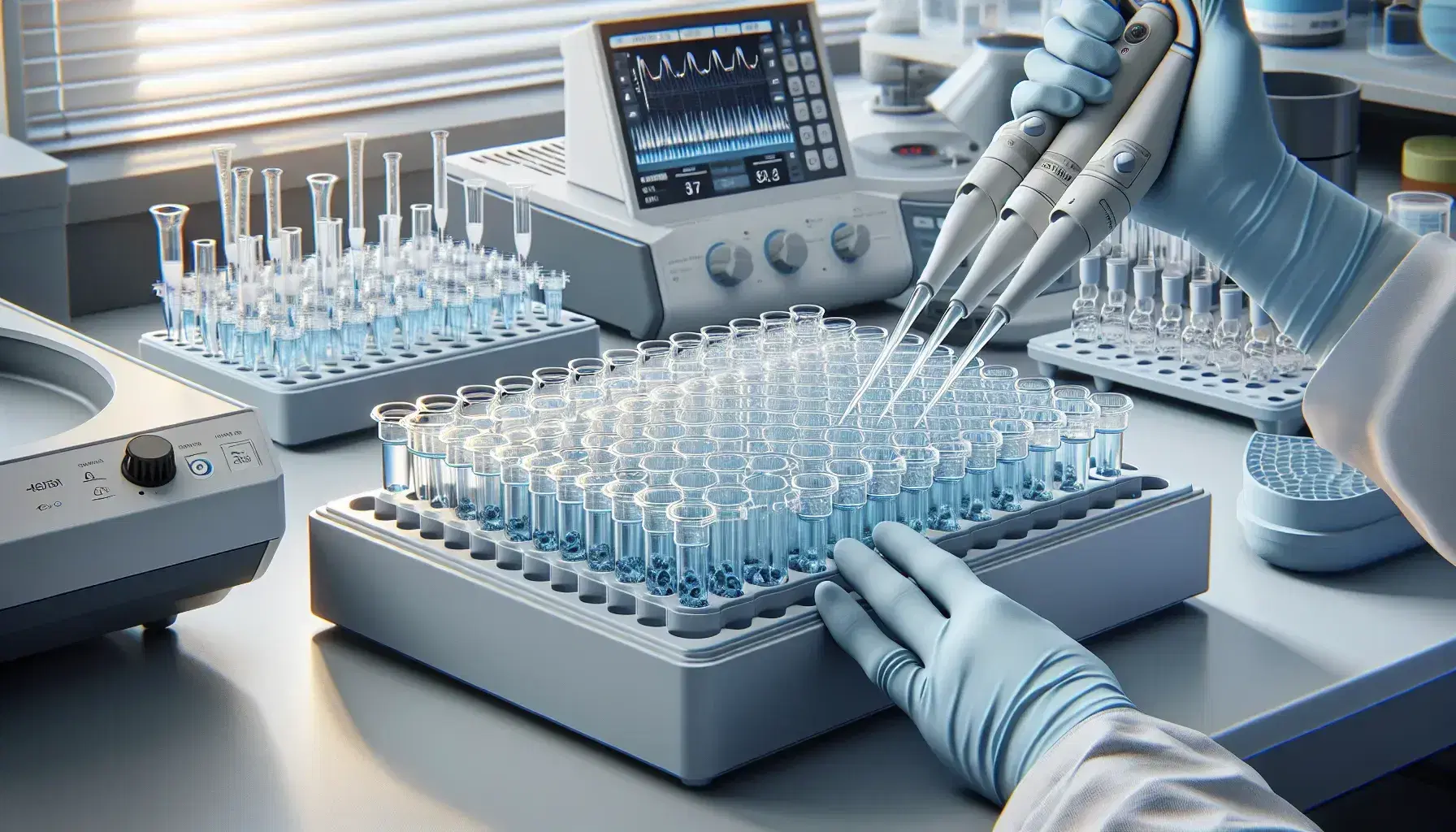 Scientist hands with latex gloves manipulate pipettes over test tubes with blue liquids on light blue rack in blurred modern laboratory.