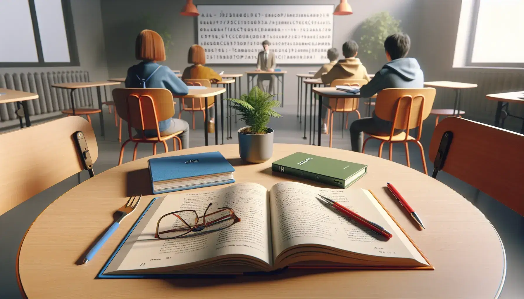 French language classroom with students at a round table, textbooks, notebooks, a red pen, eyeglasses, and a blank whiteboard beside a potted plant.