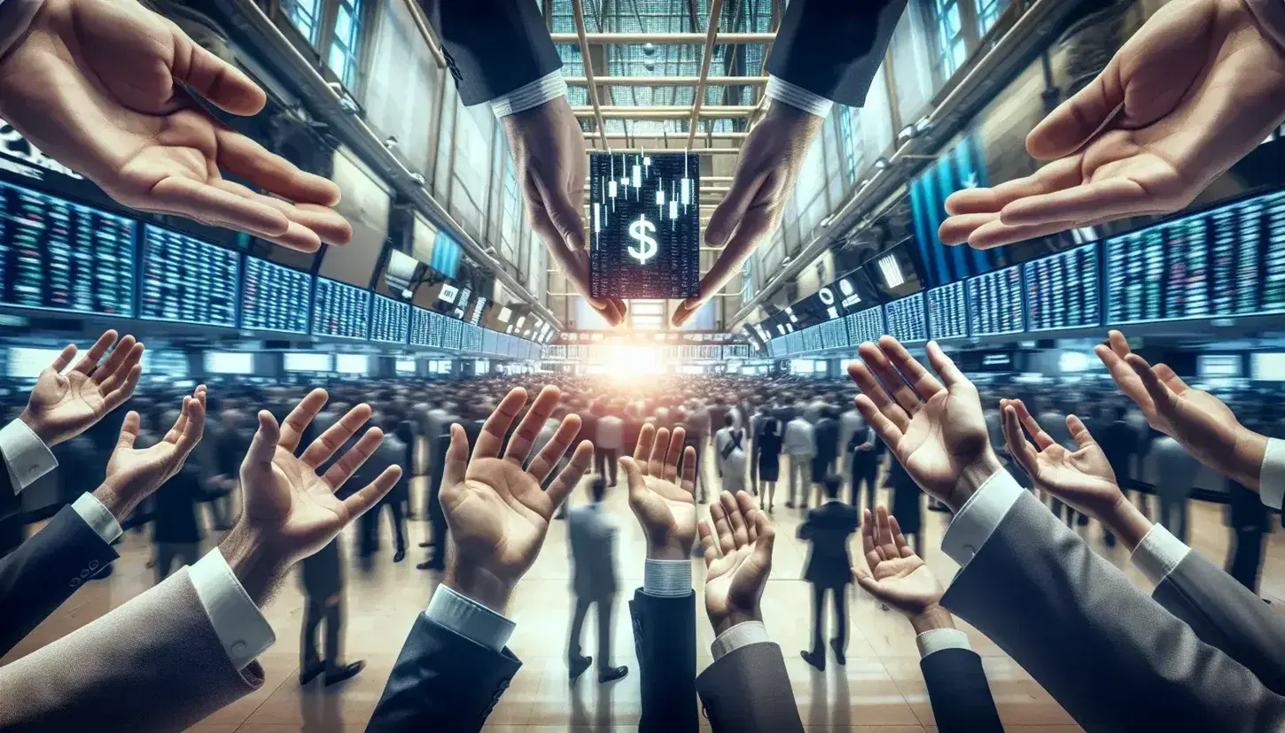 Mani di persone diverse che tengono azioni contro sfondo sfocato di borsa con display elettronico e luci soffuse.