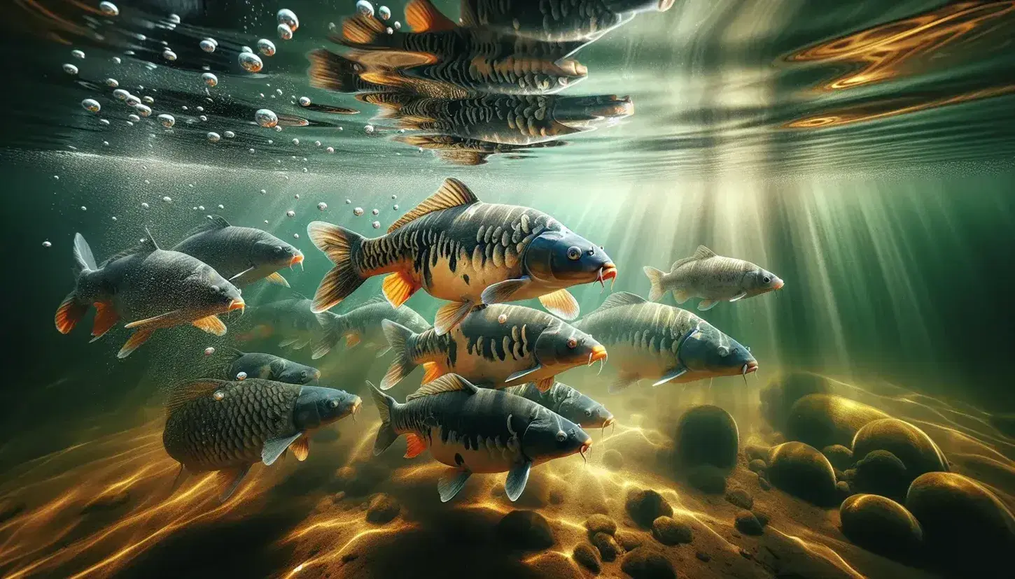 Grupo de peces carpa Cyprinus carpio nadando en agua clara con reflejos dorados y burbujas ascendentes, rodeados de vegetación acuática.