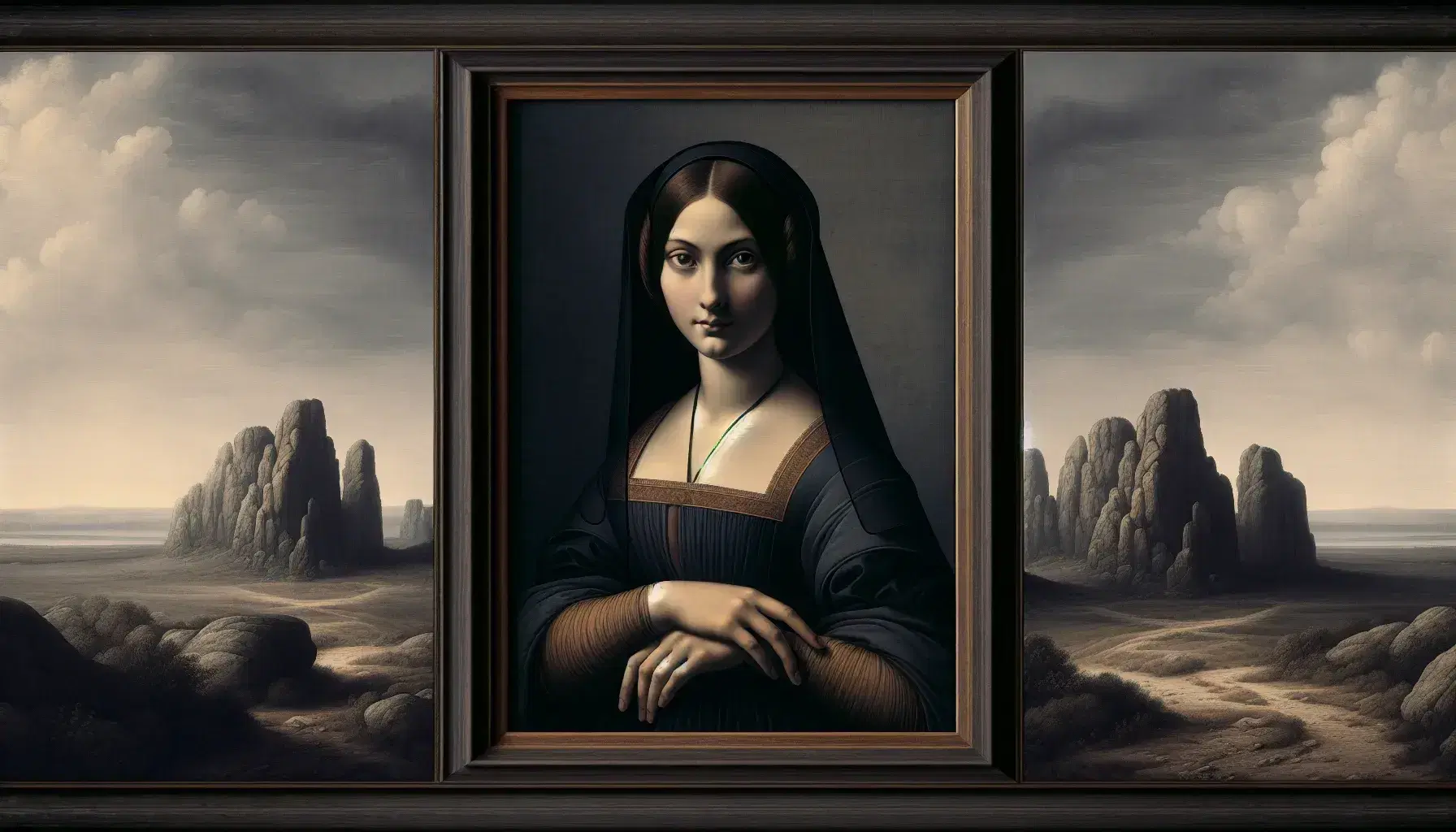 Ritratto rinascimentale di donna con sorriso enigmatico, abito scuro e velo, mani incrociate, su sfondo di paesaggio roccioso.