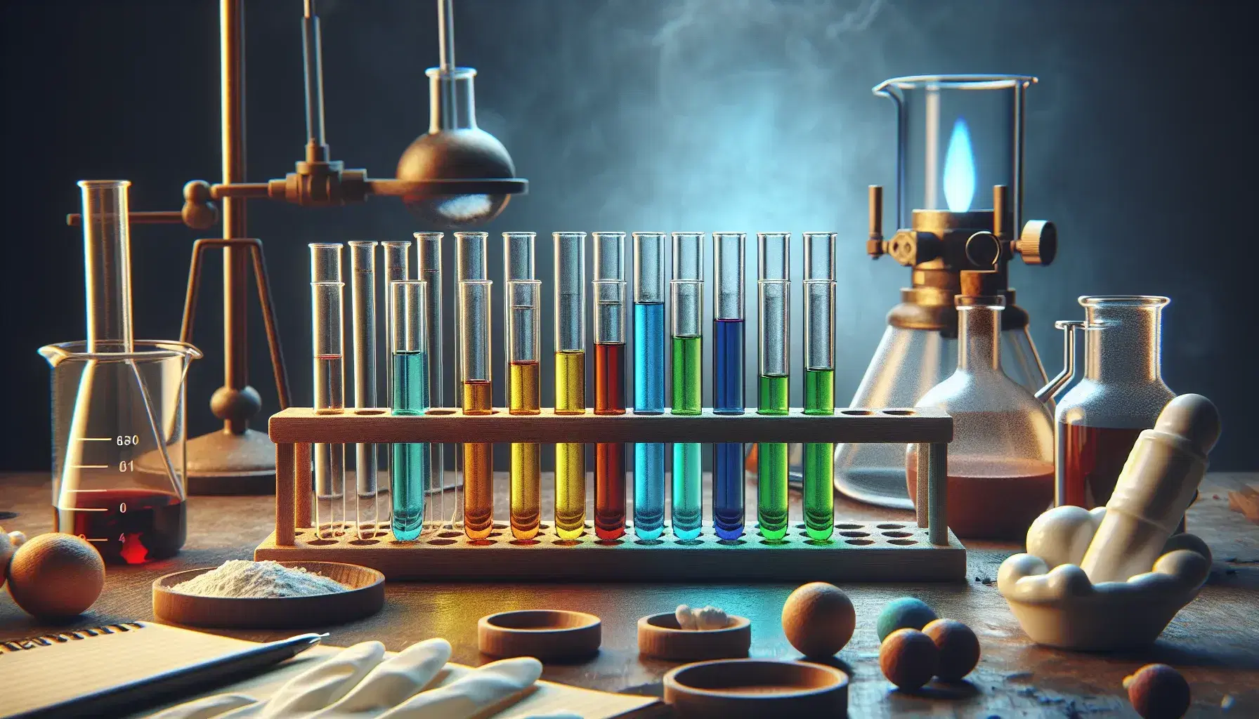 Laboratory bench with test tubes containing colored solutions, safety glasses, latex gloves and lit Bunsen burner.