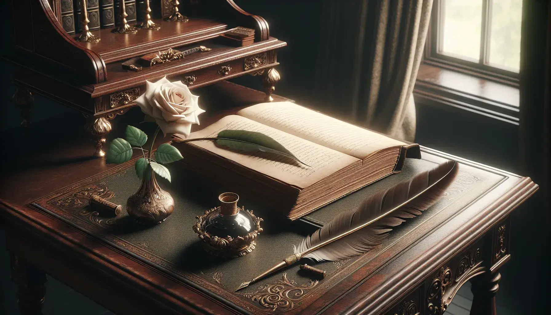 Victorian-style room with an antique desk, open aged book, quill pen in brass inkwell, and a white rose, bathed in soft light from curtained window.