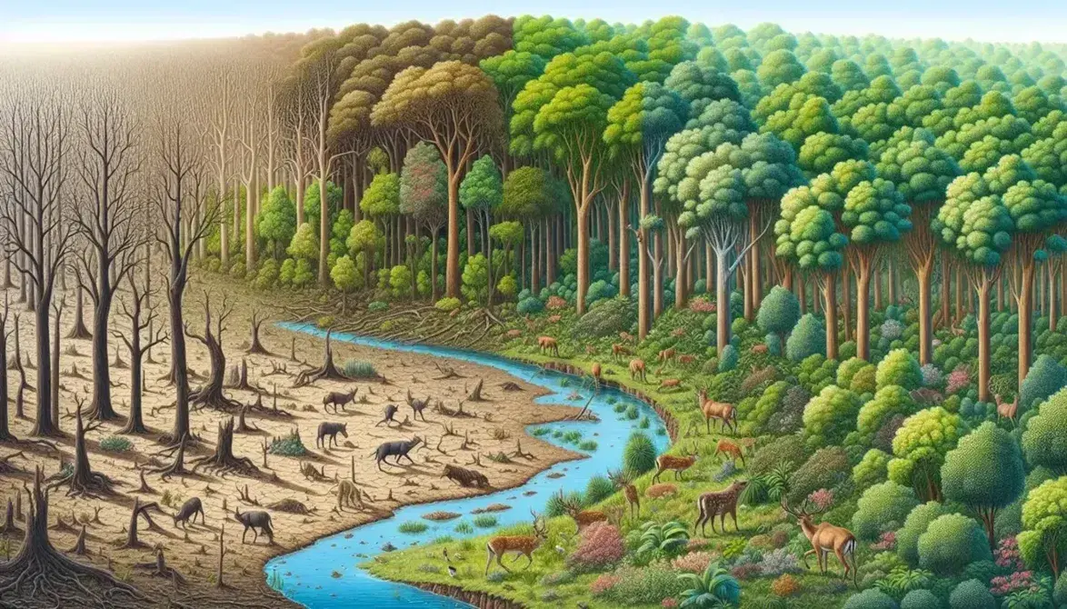 Diverse landscape showing a lush forest with a blue stream transitioning into a dry, barren land with sparse vegetation and a lone fox.