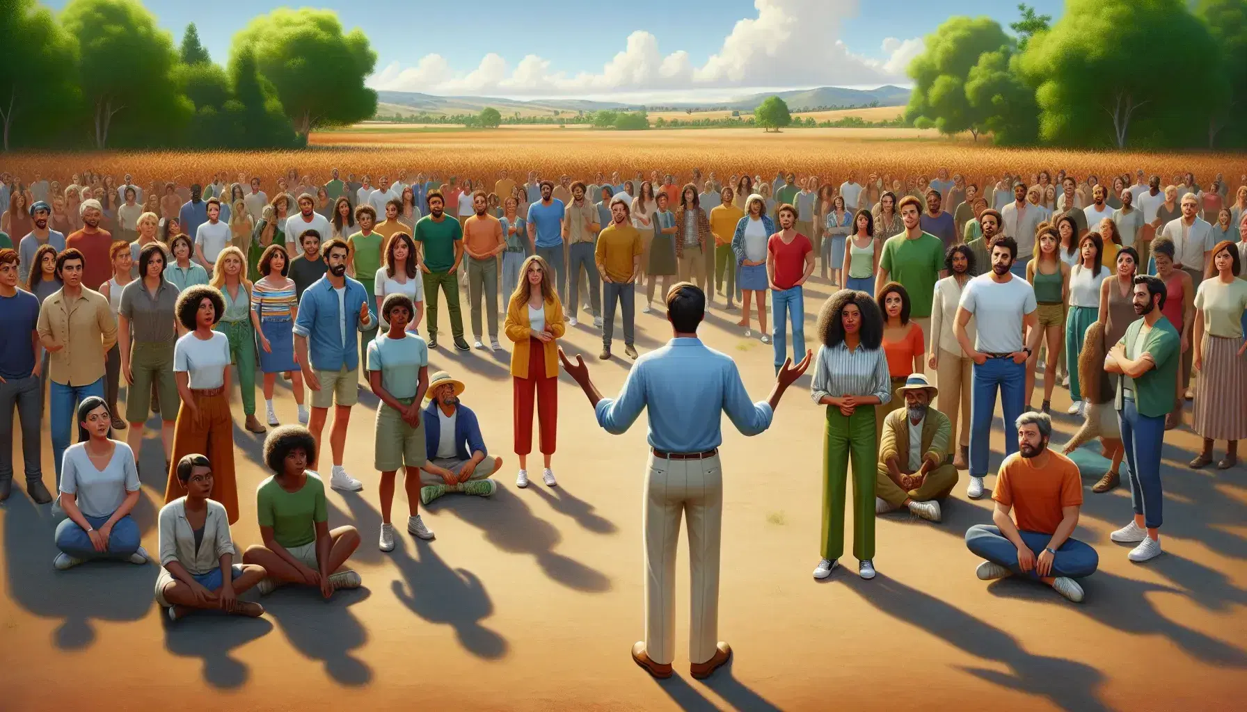 Grupo diverso de personas en reunión al aire libre en un parque, escuchando a un hombre que gestiona con las manos, con árboles y cielo azul de fondo.