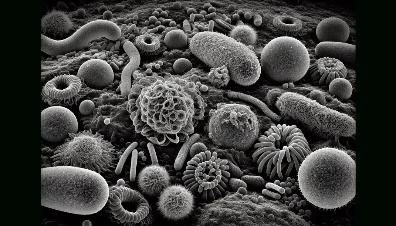 Microscopía electrónica de barrido mostrando bacterias y protozoos con estructuras esféricas, alargadas y espirales en tonos de gris.