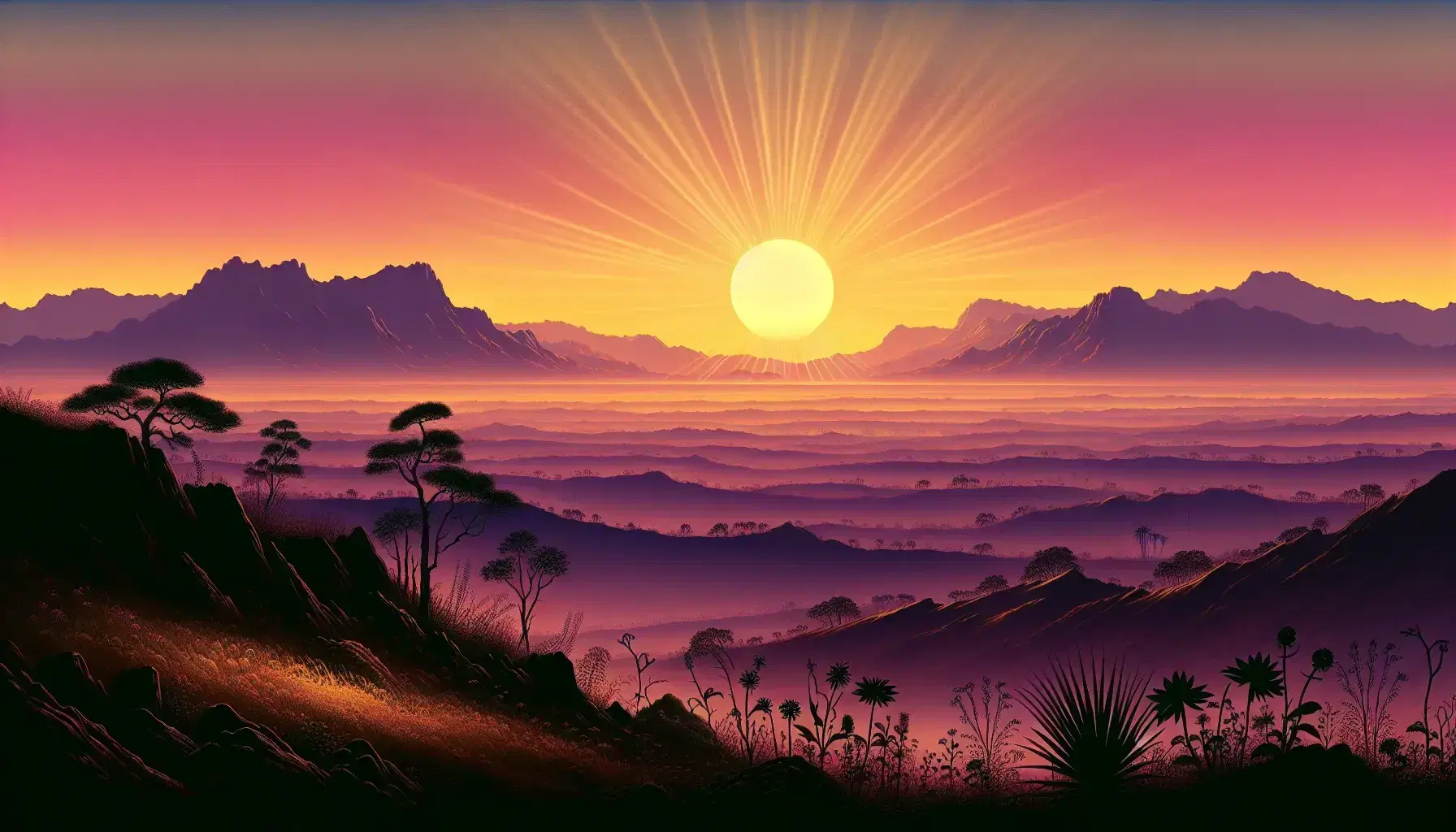 Tramonto con cielo sfumato da giallo-arancio a rosa-viola, silhouette di piante in primo piano e montagne all'orizzonte.