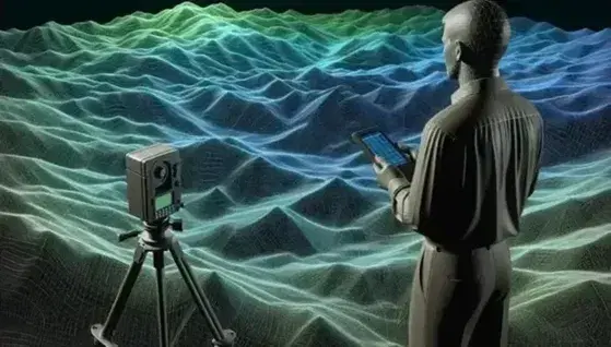 Three-dimensional landscape with hills and valleys in wireframe, person with GPS and theodolite on tripod, clear sky gradient from light to dark blue.